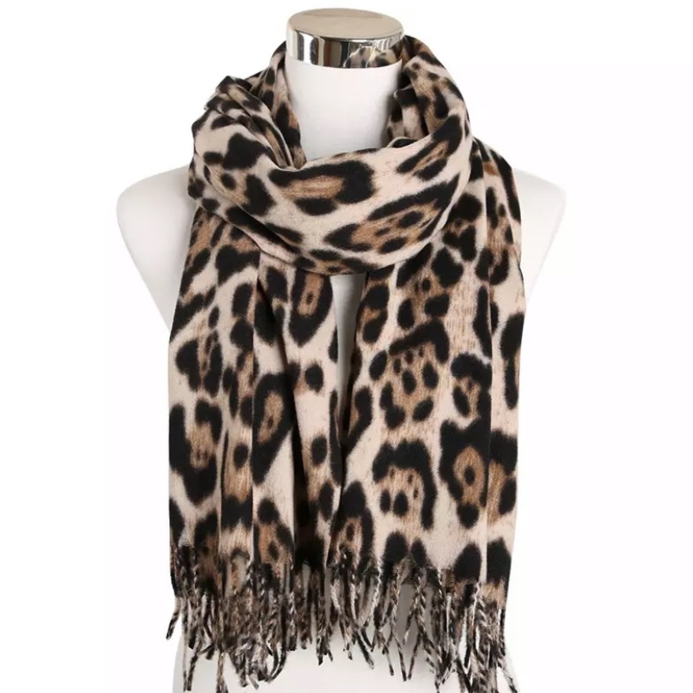 SOLD OUT Beige Leopard Knit Tassel Blanket Scarf - Picture 1 of 2